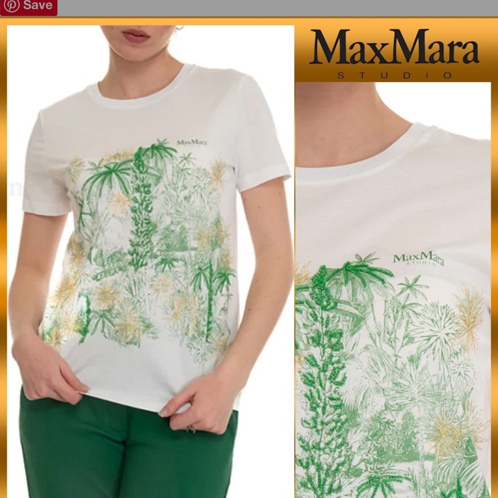 MaxMara White Short Sleeve Tee with Green and Gold Botanical Print - Picture 11 of 14